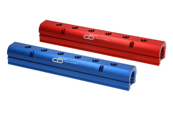 Verteilerbatterie aus Aluminium blau und rot eloxiert