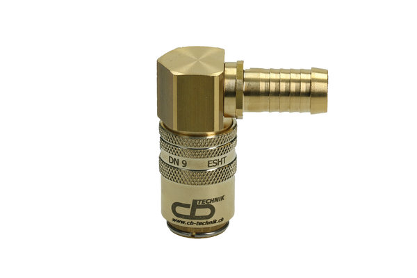 Messing Kupplung 90° DN09 mit Schlauchtülle 1/2 und Absperrventil