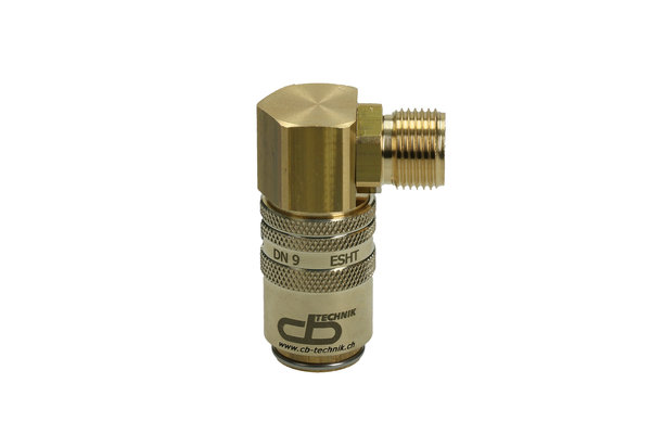 Messing Kupplung 90° DN09 mit Aussengewinde G3/8 und Absperrventil