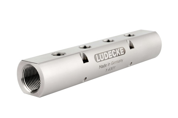 Verteilerblock aus Edelstahl, Eingänge 2xG3/4, Abgänge 8x1/4