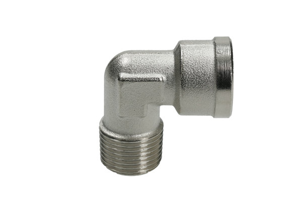 Winkel-Verschraubung 90° Messing vernickelt, mit Aussengewinde R1/8 und Innengewinde G1/8
