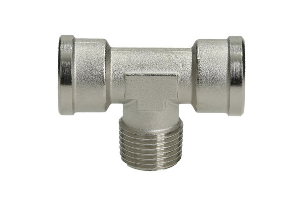 T-Verschraubung Messing vernickelt, mit Aussengewinde R1/8 und Innengewinde G1/8
