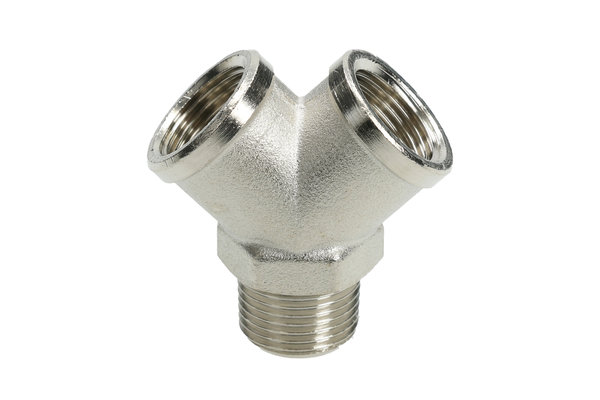 Y-Verschraubung Messing vernickelt, mit Aussengewinde R1/8 zu 2x Innengewinde G1/8
