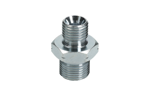 Doppelstutzen Stahl verzinkt, mit Aussengewinde G1/2 zu Aussengewinde M20x1.5mm mit Dichtkegel