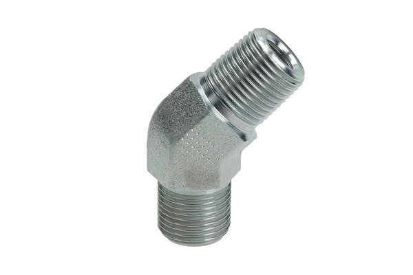 Einschraubstutzen 45° Stahl verzinkt, mit Aussengewinde R3/8 zu Aussengewinde G3/8 und Dichtkegel