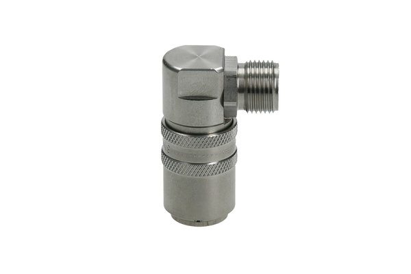 Edelstahl Kupplung 90° DN09 mit Aussengewinde M16x1,5mm und Absperrventil
