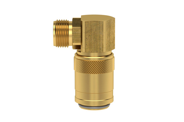 Messing Kupplung 90° DN06 mit Aussengewinde G1/4 und Absperrventil