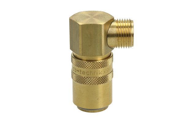 Messing Kupplung 90° DN06 mit Aussengewinde G3/8 und Absperrventil