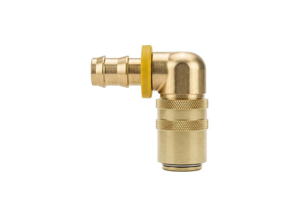 Messing Kupplung 90° DN06 mit Schnellsteck-Schlauchtülle 3/8 mit Absperrventil