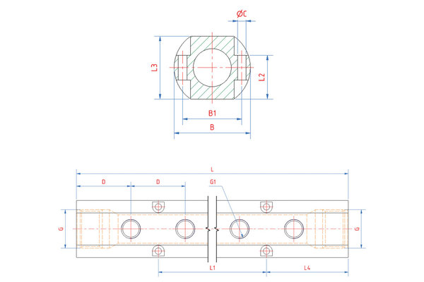 Verteilerblock aus Edelstahl, Eingänge 2xG3/4, Abgänge 4x1/4