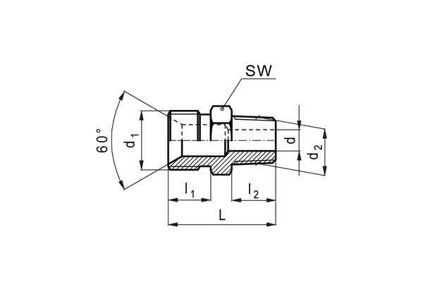 Edelstahl Einschraubstutzen, mit Aussengewinde konisch R1/2 zu Aussengewinde zylindrisch G1/2 mit Dichtkegel