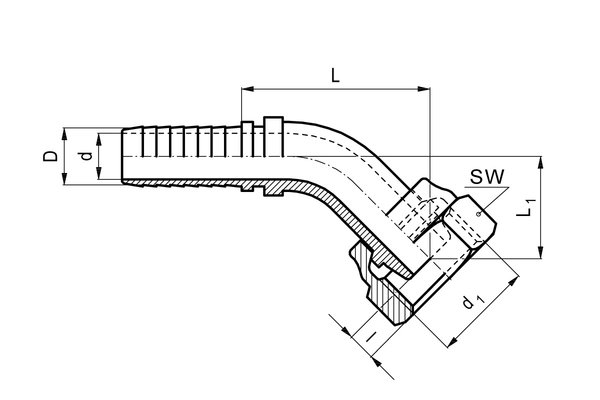 Edelstahlnippel 45° DN10, Überwurfmutter mit Innengewinde M16x1,5mm und Dichtkegel