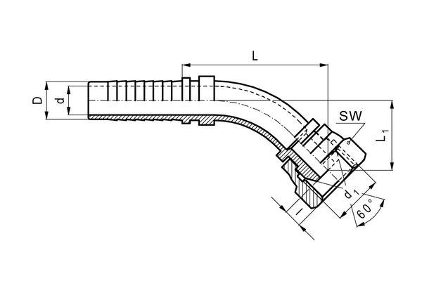 Edelstahlnippel 45° DN13, Überwurfmutter mit Innengewinde G3/8 und Dichtkegel