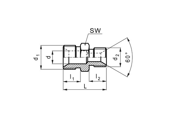 Doppelstutzen Stahl verzinkt, mit Aussengewinde G1/4 zu Aussengewinde M22x1.5mm mit Dichtkegel
