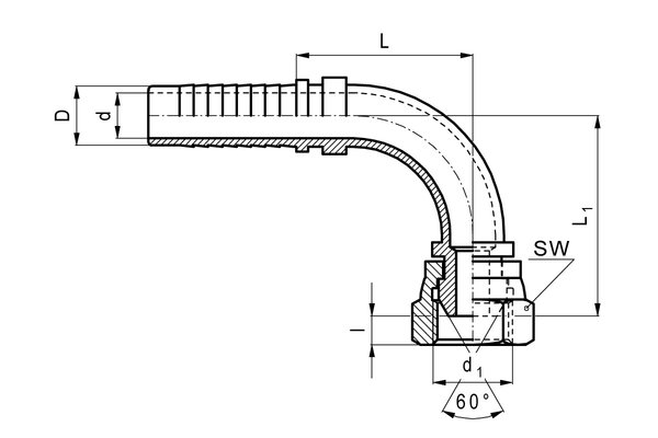Stahlnippel 90° DN06, Überwurfmutter mit Innengewinde G1/4 und Dichtkegel