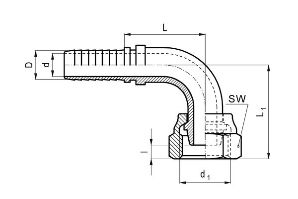 Nippel (1.4305) 90° DN10, Überwurfmutter mit Innengewinde M18x1.5mm und Dichtkegel