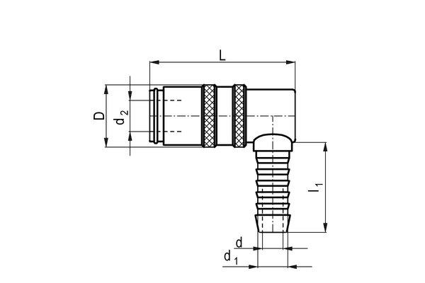 Messing Kupplung 90° DN06 mit Schlauchtülle 3/8 ohne Absperrventil