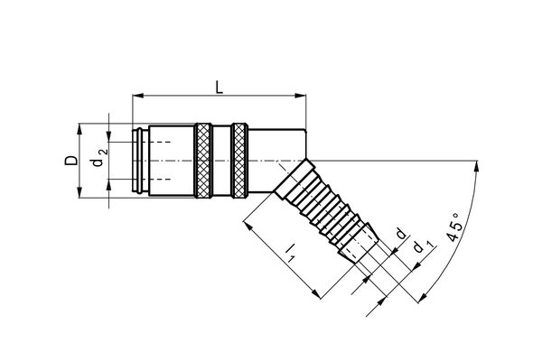 Messing Kupplung 45° DN09 mit Schlauchtülle 3/8 ohne Absperrventil