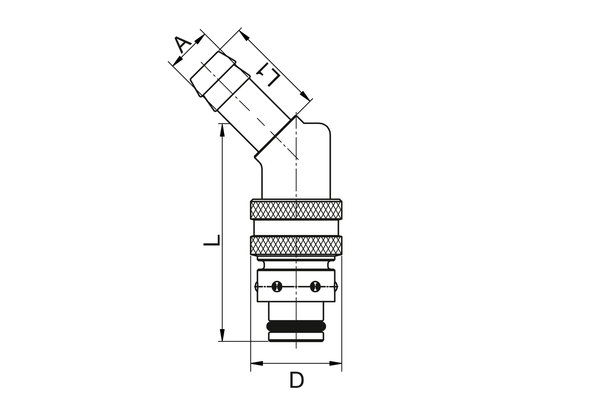 Messing Kupplung 45° mit Schlauchtülle 13mm ohne Absperrventil