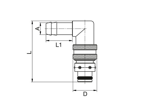 Messing Kupplung 90° mit Schlauchtülle 10mm ohne Absperrventil