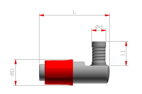 Edelstahl Kupplung 90° DN05 mit Schlauchtülle 3/8 und Absperrventil
